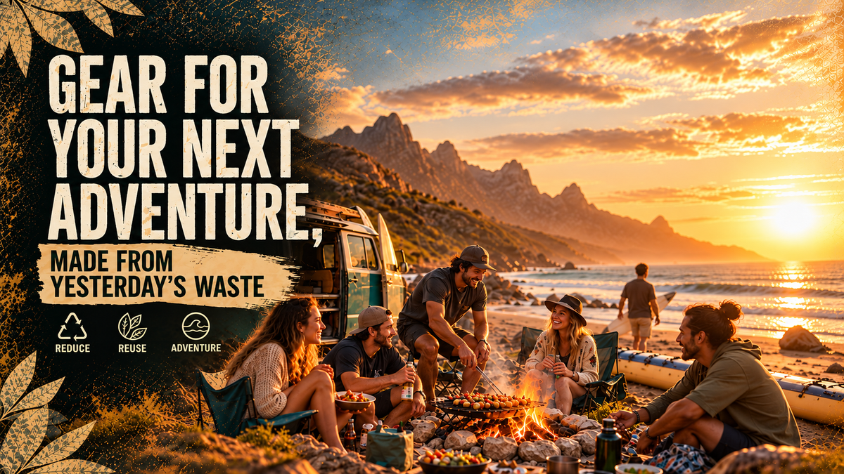 A beach camping scene at sunset with a group of friends around a campfire, a van parked nearby, and large overlaid marketing text reading 'GEAR FOR YOUR NEXT ADVENTURE, MADE FROM YESTERDAY'S WASTE' plus small icons for Reduce, Reuse, and Adventure.