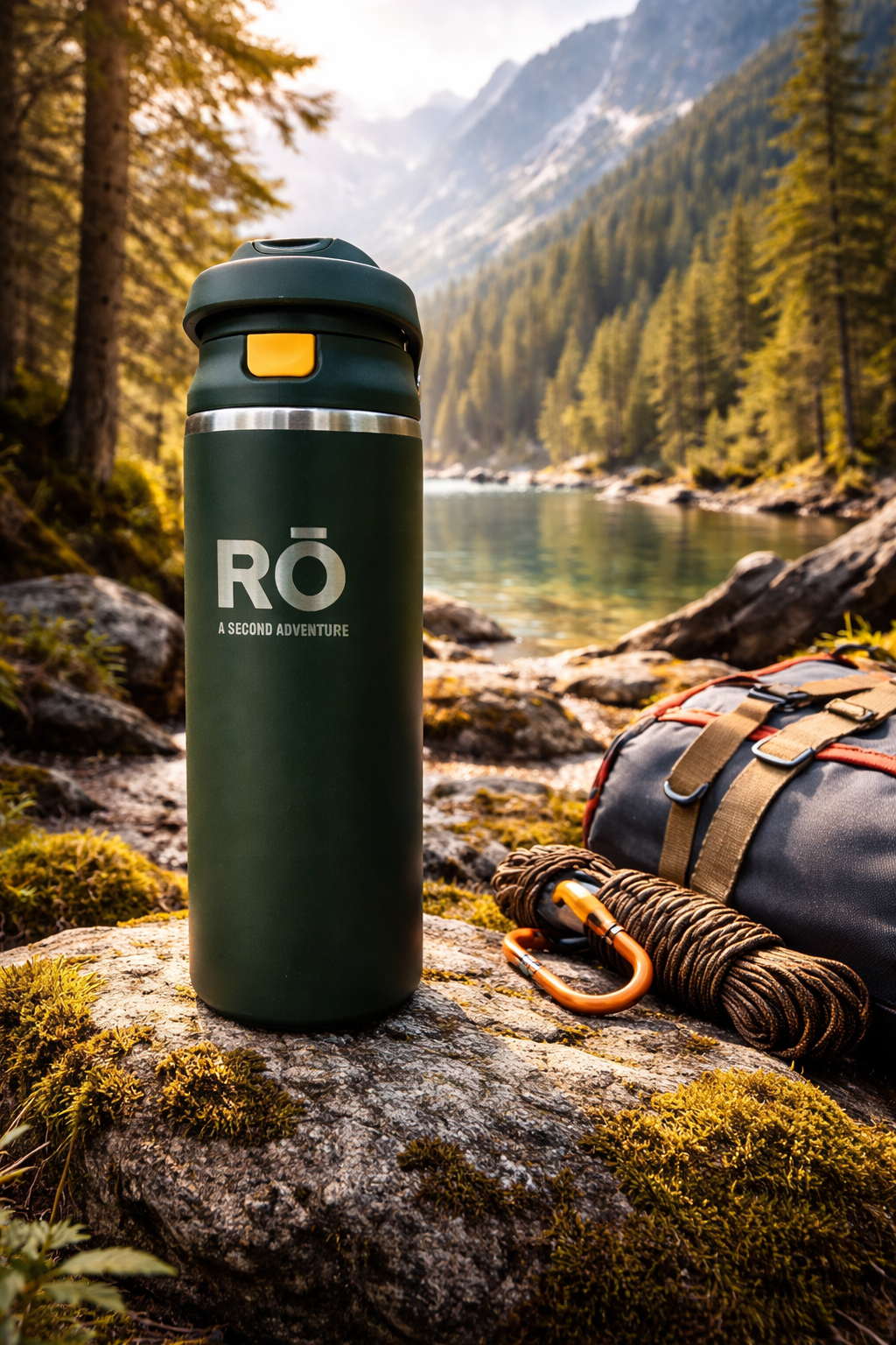 Green RO tumbler on a rock with a scenic mountain and lake background